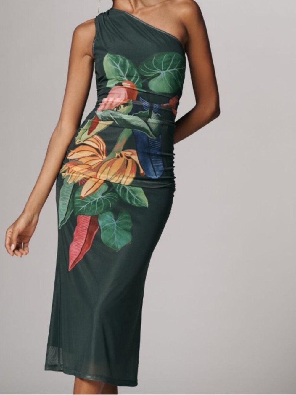 Anthropologie Green One-Shoulder Midi Dress with Tropical Floral Print - Picture 2 of 9